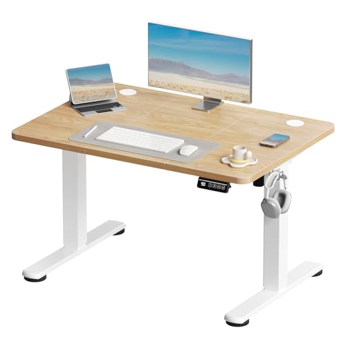 Devoko Electric Standing Desk 100x60cm Sit Stand Table Height Adjustable Desk with Backpack Hook and Memory Smart Pannel, Home Office Table with Splice Board, Beige