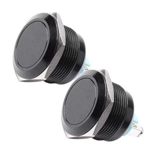 Powice 2X 22mm Taster Wasserdicht Momentaner Schalter aus Edelstahl,Druckschalter Drucktaster 5A/12V/24V/110V/230V,Geeignet für Autos, Zündanlagen, Türklingeln (Flacher Kopf), Schwarz