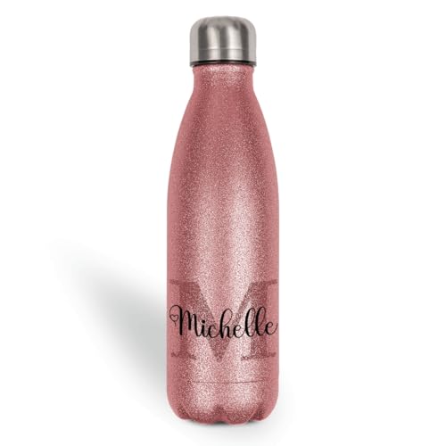 Personalisierte Glitzer Thermoflasche 500ml Trinkflasche mit Namen aus Edelstahl Thermosflasche Kinder & Erwachsene Geschenk zur Einschulung Schule Büro Sport Glitzergeschenk Rose