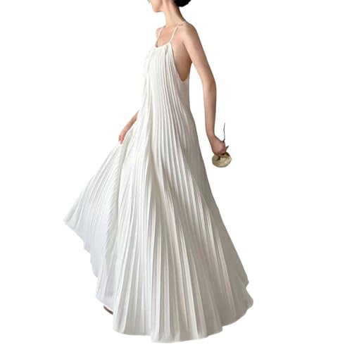 CakfLjkhl Sommer Neckholder Kleider für Frauen ärmellos rückenfrei Schnürung Plissee Fließend Lockeres Maxi Langes Kleid,Weiß,S