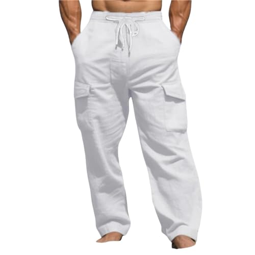 Men's Linen Cargo Pants Lightweight Elastic Waist Drawstring Loose Fit Beach Yoga Streetwear for Daily Wear