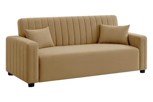 Image of Modern 3 Seater Sofa | Vertical Channel Tufted Backrest & Armrests | Plush Cushioned Seating | Contemporary Upholstered Couch for Living Room, Bedroom & Office - Golden Color