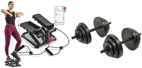 Sunny Health and Fitness Total Body Smart 2-in-1 Stepper Machine w/Resistance Bands + Exercise Vinyl 18 KG Dumbbell Set Hand Weights for Strength Training - NO.087