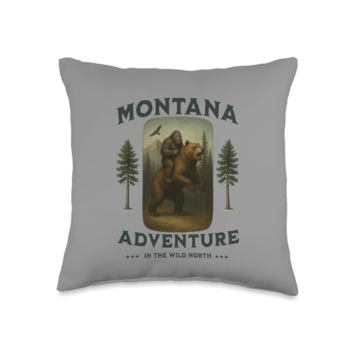Montana Bigfoot Riding a Grizzly Bear, Funny Sasquatch Throw Pillow