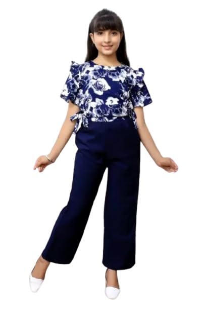 Image of Girls /Kids Printed Floral Designer Top and Palazzo Set Crop Top and Palazzo Set Printed /Fancy Palazzo and top Set for Girls with tie in Waist