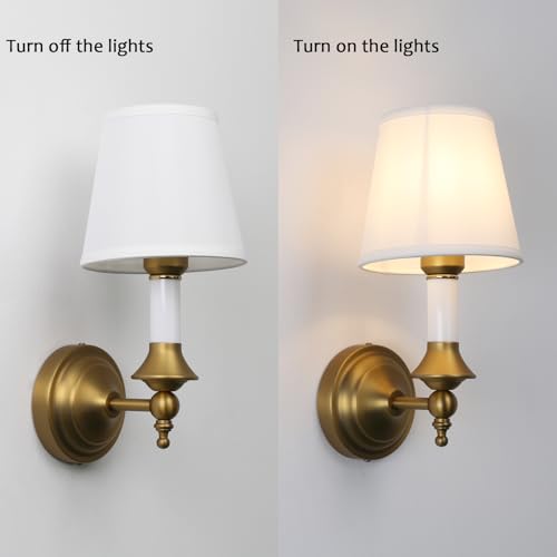 Image of PERMO Wall Sconces Set of 2 Antique Classic Sconce with Funnel White Textile Shade Hardwired Wall Mounted Light for Hallway Bedroom Living Room
