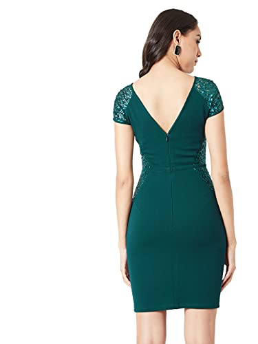Image of Miss Chase Women's Green Round Neck Raglan Sleeves Solid Bodycon Paneled Mini Dress