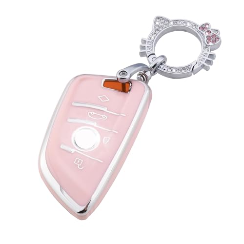 Image of Pangpai Pink Key Fob Cover for BMW, Soft TPU Key Case Protection with Bling Keychain Fit for BMW X1 X2 X3 X5 X6 X7 and Series 1 2 3 4 5 6 7 8