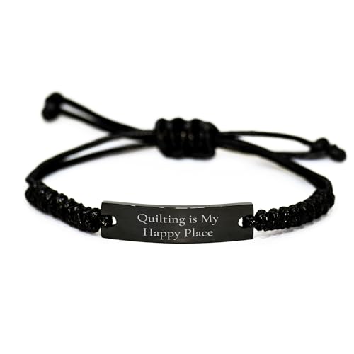 Quilting Is My Happy Place, Gift for Quilting Enthusiasts, Birthday Rope Jewelry, Adjustable Black Stainless Steel Rope Bracelet, Unique Quilting Gifts from Friends