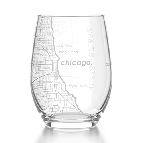 Well Told Chicago Illinois Map Stemless Wine Glass 15 oz