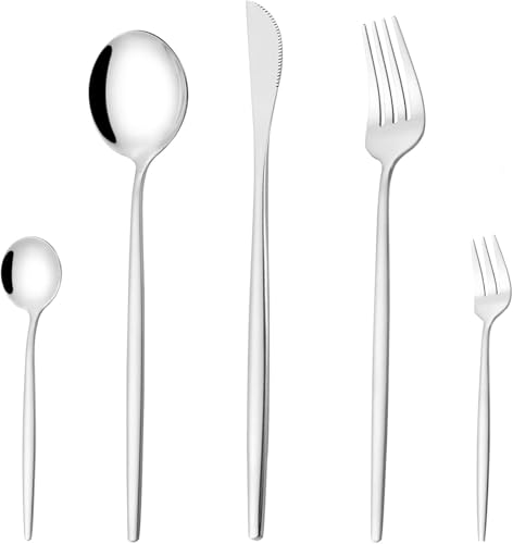 La Mejor Recopilación de Tenedor Top 10. 44 Juego de cubiertos de acero inoxidable - Juego de vajilla de 20 piezas con tenedores Cucharas Cuchillo para carne Porción 4 (Plata)