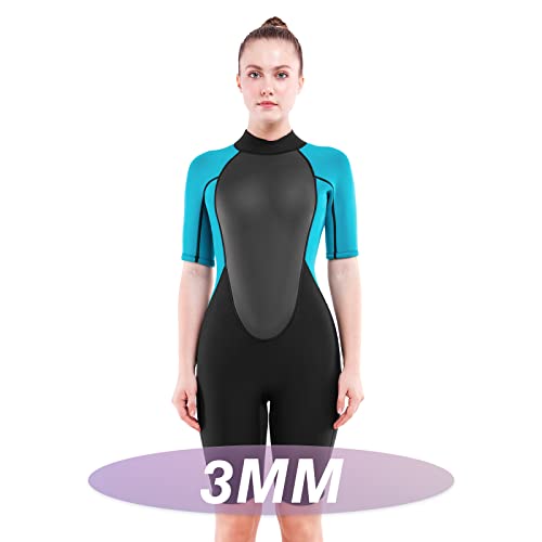 Realon Shorty Wetsuit Women 3Mm, Neoprene Adult Thermal Shortie Swimsuit, Short Sleeve Back Zip Wet Suit Keep Warm In Cold Water For Swimming Surfing Diving Snorkeling (3Mm Shorty Blue, Medium) #TOP6