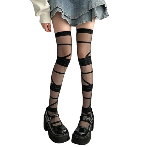 Image of Y2K Patterned Sheer Tights for Women Gothic Punk Thigh High Pantyhose Harajuku Lolita Bandage Fishnet Stockings