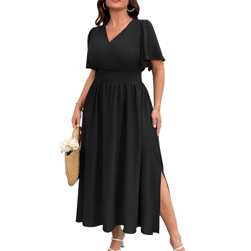 Plus Size Maxi Dress for Women Wrap V Neck Short Sleeve Smocked High Waist Side Split Flowy A Line Casual Elegant Long Dress
