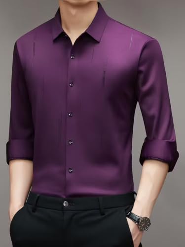 Image of IndoPrimo Men's Regular Fit Satin Designer Shirt with Stylish Vertical Line Sequence | Long Sleeve Formal & Casual Button Down Shirt for Casual and Party Look