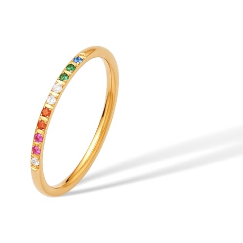 Half Eternity Rainbow Ring for Women,18K Gold Plated Multi Color AAAAA Created-Gemstone Stackable Wedding Band Ring