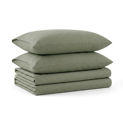 Image of Tribeca Living Triple Brushed Soft Cotton Flannel Sheets Set, Twin XL Size 170-GSM Weight Extra Deep Pocket Sheet in Solid Green Color