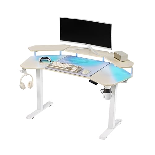 Image of EUREKA ERGONOMIC Aero 55 Inch W Shaped Electric Standing Desk, Height Adjustable Computer Gaming Desk with LED Monitor Shelf, Mouse Pad, Headphone Hook, Cup Holder, Natural Maple