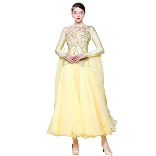 High End Custom Ballroom Dance Competition Dress Standard Dresses Modern Dance Costume(Yellow,L)
