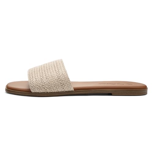 Image of Athlefit Flat Sandals Women Dressy Square Toe Raffia Summer Slide Sandals