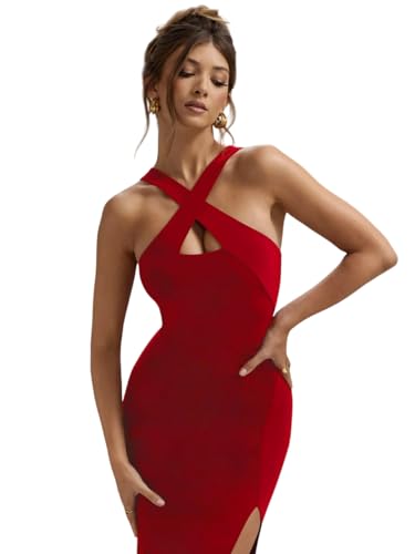 Image of Women Asymmetric Neck Burgundy Bodycon Dress (in, Alpha, S, Regular, Red)
