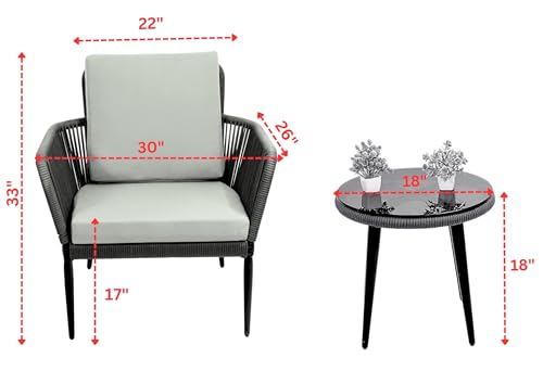 Image of DEVOKO 3 Piece Patio Outdoor All Weather Grey Rope Chair Bistro Set Furniture with Orange Cushions for Balcony, Garden, Backyard, Porch