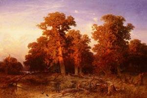 Peinture à l'huile tableau paysage forêt August Schaeffer Sunset in A Hungarian Forest