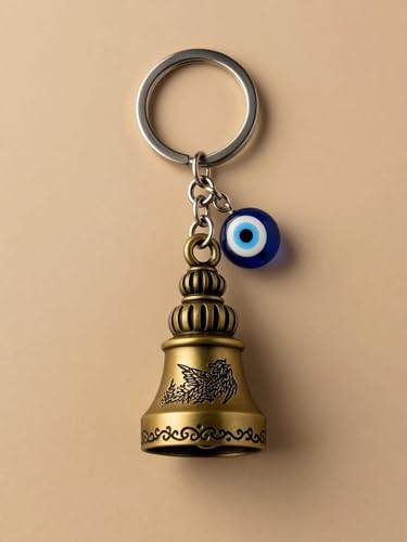 Image of Guardian Bell Keychain with Blue Evil Eye Nazar Charm, Tibetan Engraved Texture, Good Luck Protection for Bike and Car