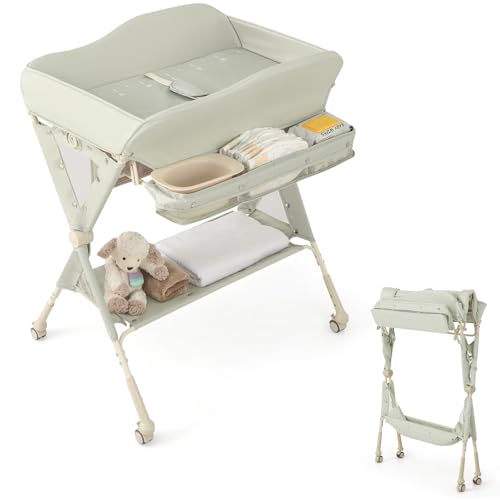 Image of HONEY JOY Changing Table, Folding Mobile Diaper Nursery Organizer w /Wheel, 3 Adjustable Heights, Storage Bag & Open Shelf, Water Basin, Portable Baby Changing Station for Newborn Infant(Green)