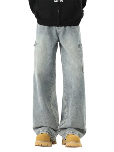 Oanviso Jeans de Ajuste Relajado de Hombre Cargo Pantalones Vaqueros Holgados Denim Jean Y2K Retro Hip Hop Pantalone Casuales Elasticos Pantalón A Azul Claro 3XL