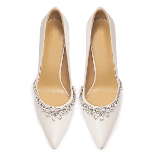 FOWT Women Gorgeous Rhinestone Decoration Pointed Toe Pumps Pearls High Heel Slip on Elegant Wedding Cocktail Party Shoes Size 4-16 US4