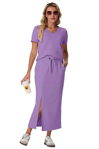Image of GRECERELLE Women Summer Casual 2 Piece Sets V-Neck Wrinkle-Free Top & Elastic Waist Midi Side Slit Skirt with Pockets