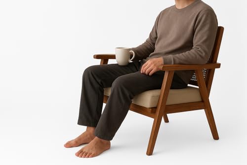 Image of Solid Wood Cane Lounge Chair | Handcrafted Wooden Armchair with Cushioned Seat | Premium Mid-Century Modern Accent Chair for Living Room, Balcony & Bedroom Walnut Finish