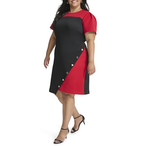 Image of Tommy Hilfiger Women's Short Sleeve Jewel Neck Colorblock Studded Asymmetrical Hem Crepe Mini Dress