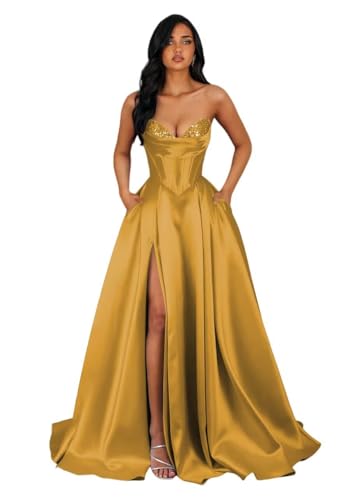 AKMESXAY Sexy Corset Satin Prom Dresses with Slit for Teens Sweetheart Sequin Gold Strapless A Line...