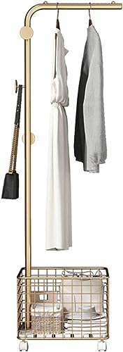 Perchero de metal resistente con ruedas rodantes, colgador versátil para sala de estar, dormitorio o dormitorio con cesta de almacenamiento.