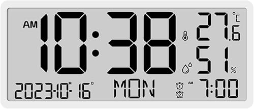 デジタル壁掛け時計 大型ディスプレイ 温度湿度表示 日付・曜日付き アラーム2設定 12/24時間切替可能 高齢者向け 見やすいLCD ホームオフィス用 多機能目覚まし時計Tufduzo (ホワイト,A)
