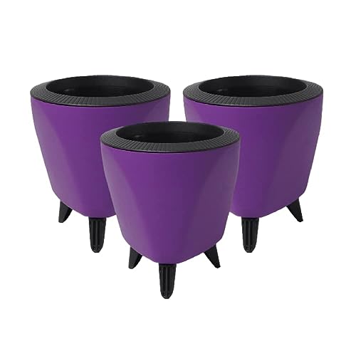Image of Garden Art (Pack of 3 Indoor Outdoor Self Watering Planter Home Living Room Office Tabletop Decorative Plastic Flower Pot 5.1 Inch (Purple, 3) PPLAPL