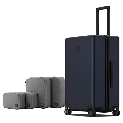 LEVEL8 Elegance Checked Luggage, 24 Inch Hardside Suitcase, Lightweight Matte Hardshell with Tsa Lock, Large Suitcase with Spinner Wheels, 24 Inch, Navy Blue Cover