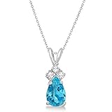 1 Anhänger mit Kette Pear Blue Topas & Diamant Solitaire Anhänger 14 Karat Weißgold (0.75ct) Halskette, 14 Karat Gold Anhänger