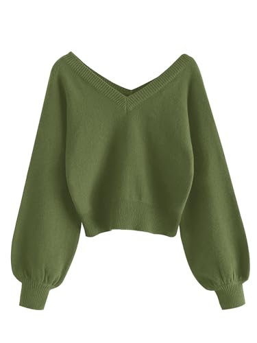 Image of ZAFUL Women's Cropped Sweater V-Neck Long Sleeve Pullover Jumper Knit Top | Crop Length, Ribbed Knit, Double V design, White sweater, Raglan sleeves, lantern sleeve, Fall & Winter, Loose fit, Oversized