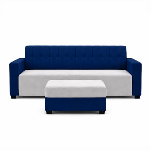 Image of FURNY Luxora 2 Seater Fabric Sofa Set with 1 Ottoman (Dark Blue-Light Grey) with Velvet Finish | Durable Comfort | Ideal for Living Room. | Breathable material