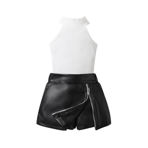 Kids Girls Leather Skirt Outfit Sleeveless Ribbed Knit Trendy Tank Tops Fall Winter Leather Zip Up (White, 18-24 Months)