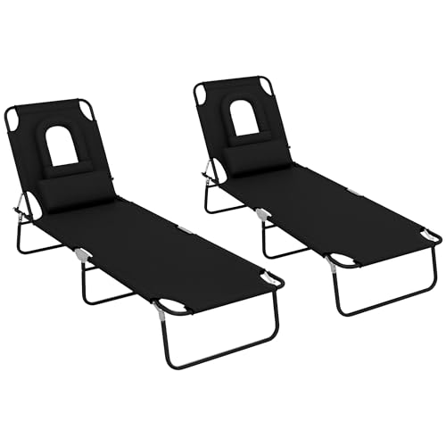 Outsunny Juego de 2 tumbonas plegables para exteriores, respaldo ajustable de 4 niveles, tumbona reclinable con almohada y agujero de lectura, color negro