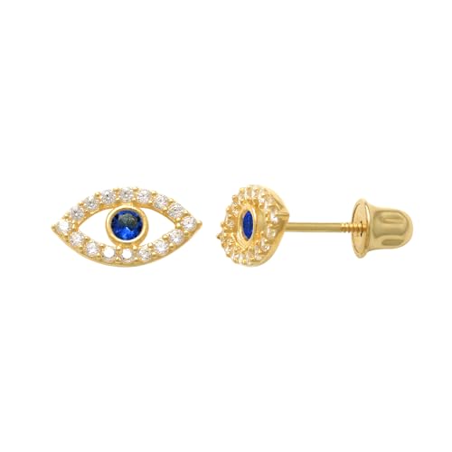 14k Real Solid Gold Evil Eye Sapphire Stud Earrings – Diamond Cz Screw-back Earrings for Upper Earlobe, Cartilage, Helix, Tragus – Perfect for Minimalist Design - Sold as a Pair - Main Image