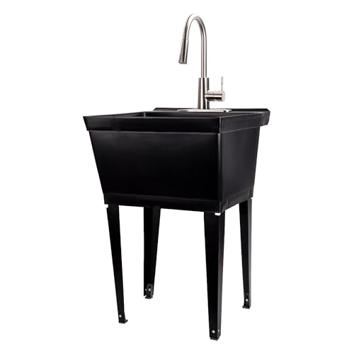 Image of Laundry Sink Utility Tub With High Arc Metal Pull Down Faucet By JS Jackson Supplies, Stainless Faucet, Black Tub