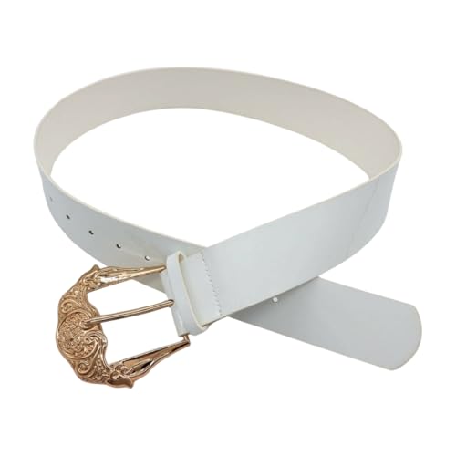 Women White Fashion Belt - Faux Leather Waistband Gold Metal Filigree Western Buckle S M z2263