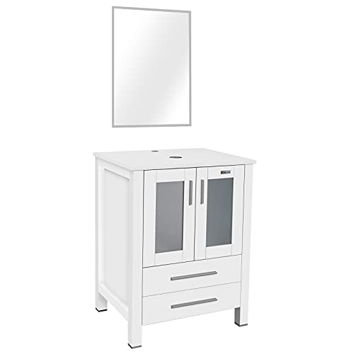 eclife 24” White Bathroom Vanity Cabinet Modern Pedestal Cabinet Set Pedestal Stand Wood with Bathroom Vanity Mirror Soft Closing Cabinet Doors Set (B02W)