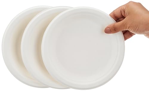 Image of Amazon Basics Bagasse Disposable Round Plates | 7 Inch - Pack of 50 | Biodegradable | Leak-Resistant | Hot & Cold Food Safe | Eco-Friendly | Party, Weddings, Birthdays, Events, Travel Plates