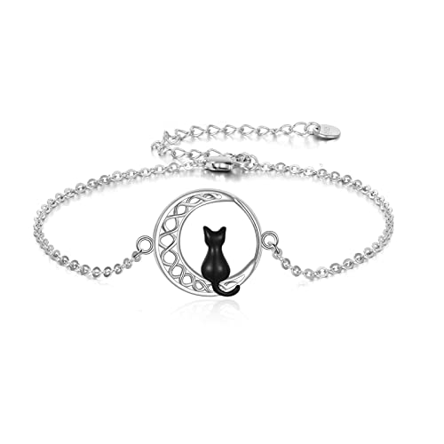 CRMAD Cat Anklet for Girls Sterling Silver Celtic Moon Anklet Gifts for Women Mother Daughter (Cat, 21.5+5cm)